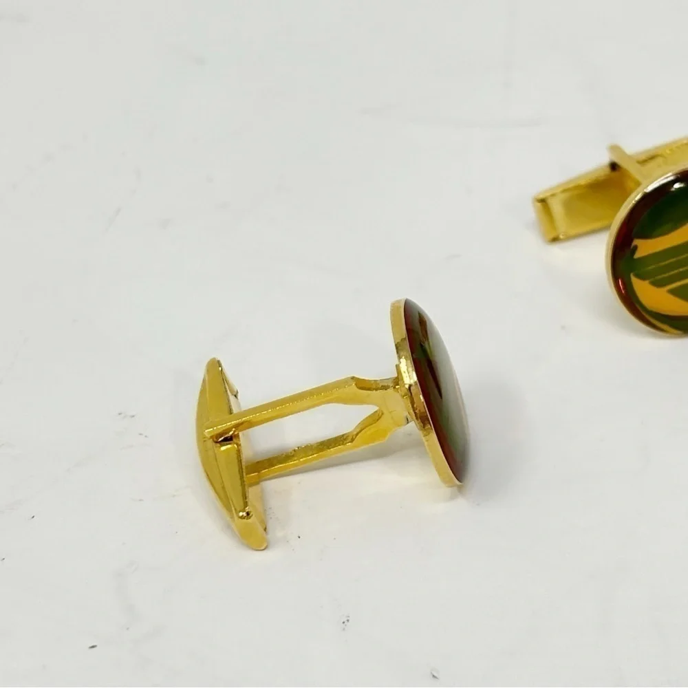 Men’s Set Of Two Gold Tone Cuff Links 1/2” Diameter Green Enameled Design